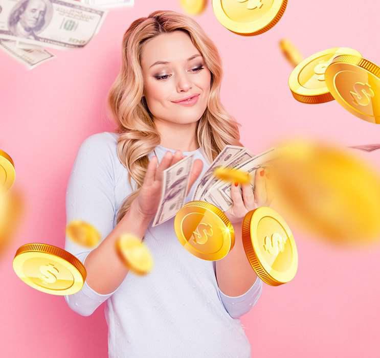 Female Keno player flashing cash with gold coins falling in pink background